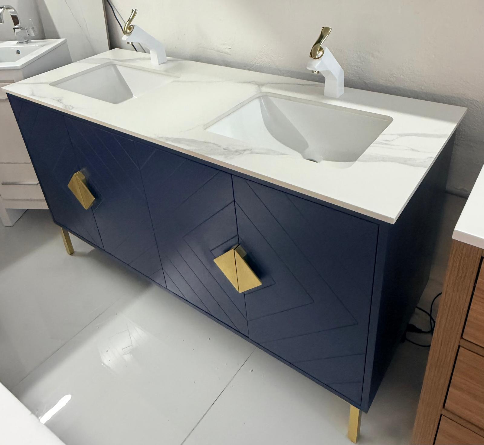 60 inch matte blue double vanity with quartz top