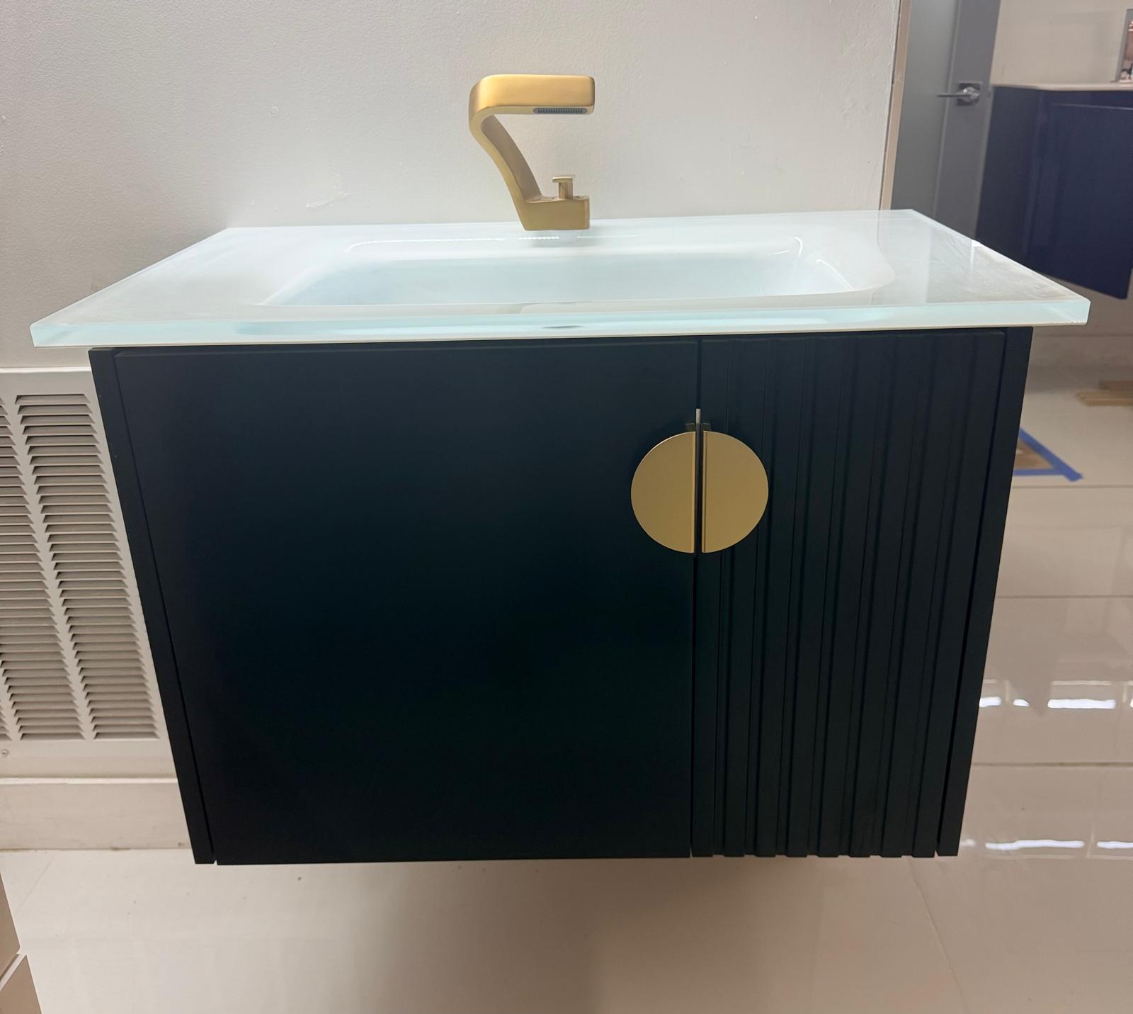 30 inch green wall mount vanity with frosted glass sink
