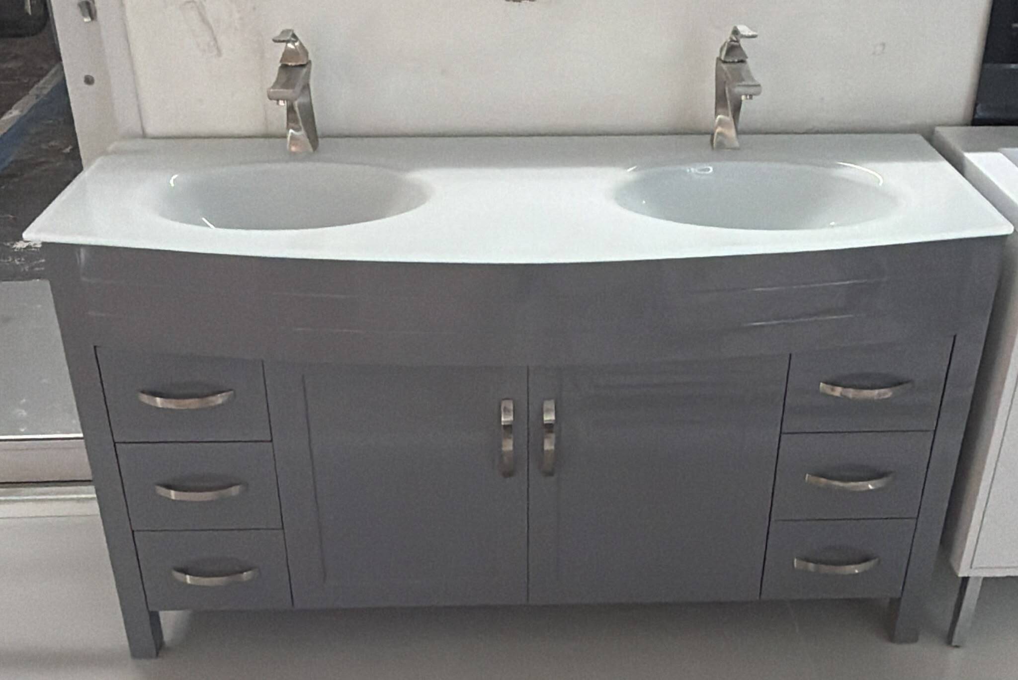 60 inch shiny gray double glass sink vanity